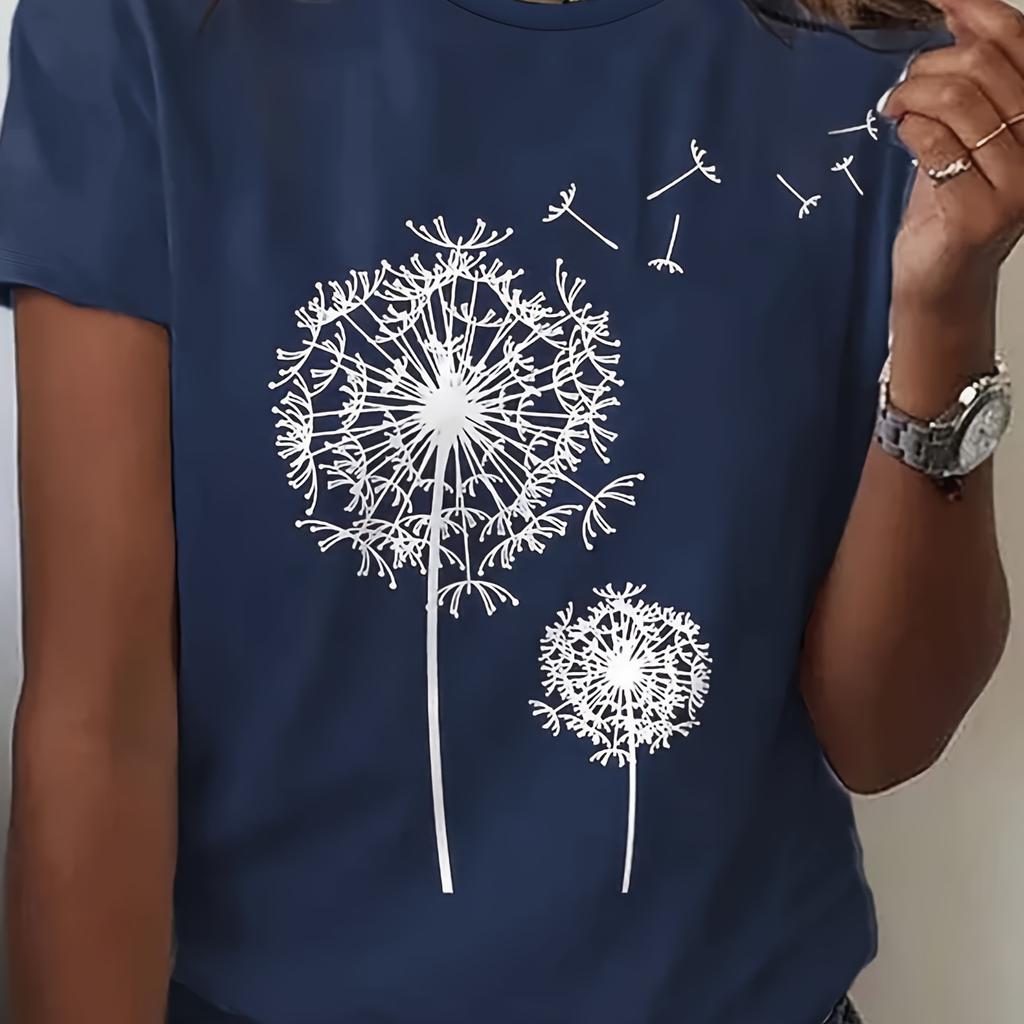 Футболка с круглым вырезом и принтом одуванчика, повседневный топ с коротким рукавом для весны и лета, женская одежда