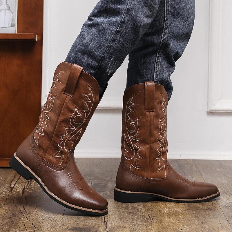 Сапоги до середины голени, мужские, черные, коричневые, ковбойские, кожаные, ручная работа, мужские, новинка 2025 года, панк, мужские, женские, унисекс, сапоги для верховой езды