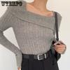 Вязаный свитер с открытыми плечами, женские элегантные пуловеры с длинными рукавами, осенняя однотонная одежда Y2K, корейские топы