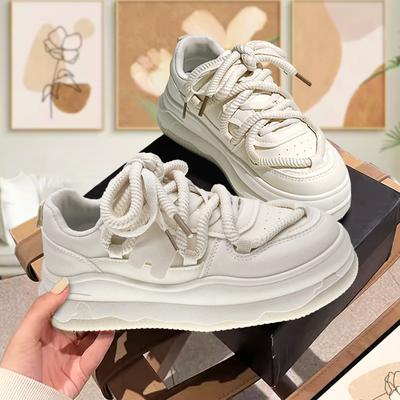 Мода 2024 года, новые женские повседневные туфли из искусственной кожи белого цвета, женская мода, круглый носок, на шнуровке, вулканизированная обувь для прогулок и бега