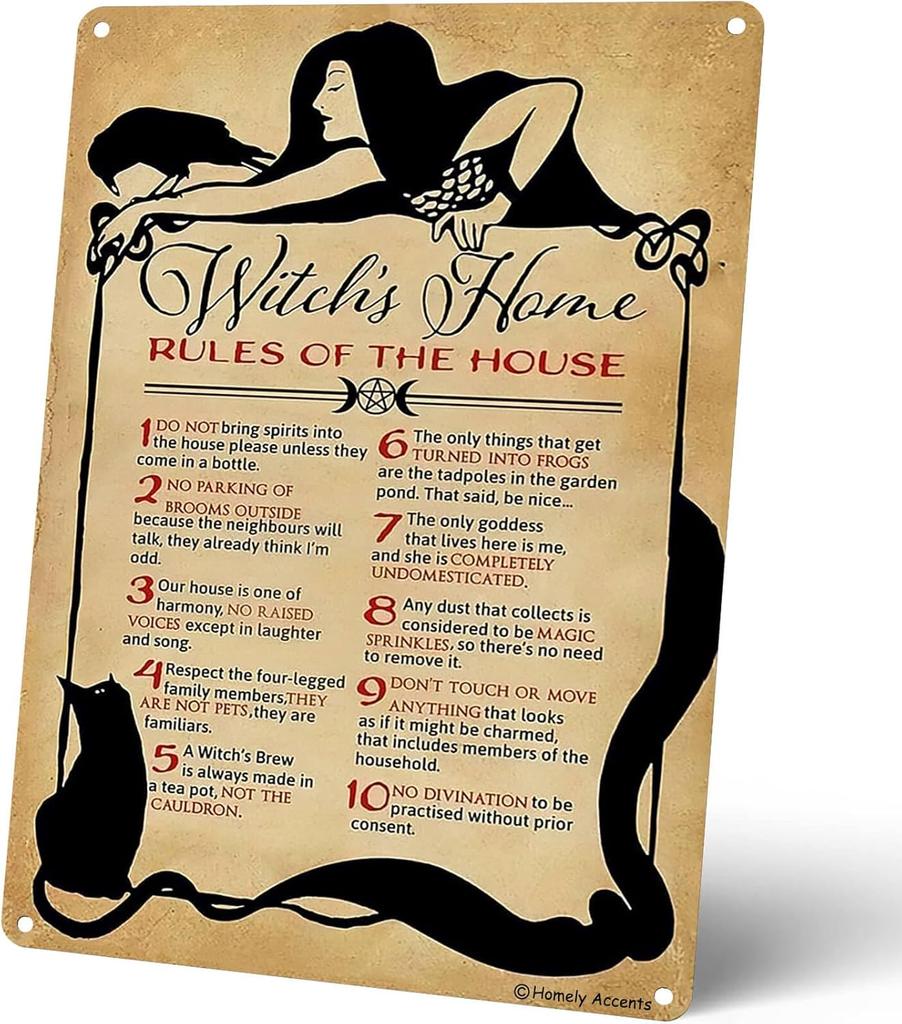 Witchs Home Rules of The House Poster Vintage Tin Signs for Home Kitchen Bathroom Porch Decor Witchy Black Cat Metal Wall Sign