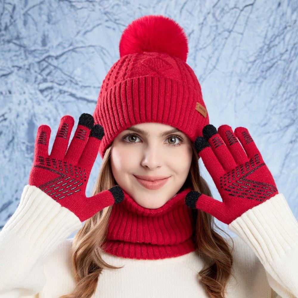 3pcs Solid Color Thermal Knit Cap Warm Winter Beanie Hat Soft Hat Scarf Gloves Set  Winter