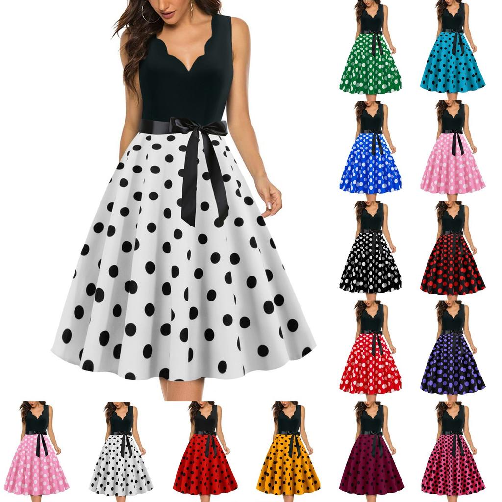 Women's Fashion Retro V-neck Polka Dot Print Swing Dress