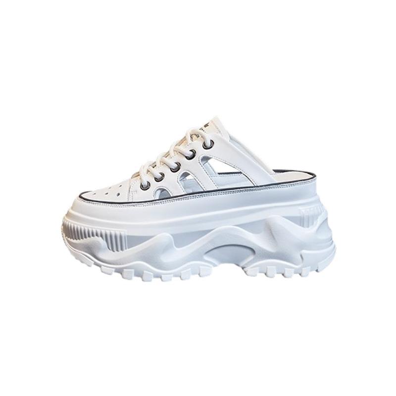 Мягкие кожаные туфли-мешки и полутапочки для женщин Новые ленивые люди носят классные тапочки на улице, толстые полые подошвы маленькие белые женские туфли