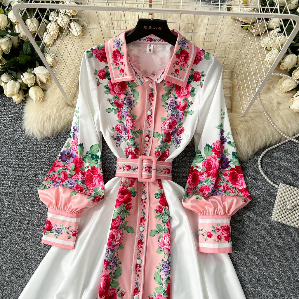 Весенние женские винтажные принты с отложным воротником, однобортная рубашка, длинные макси, праздничные пляжные платья с поясом