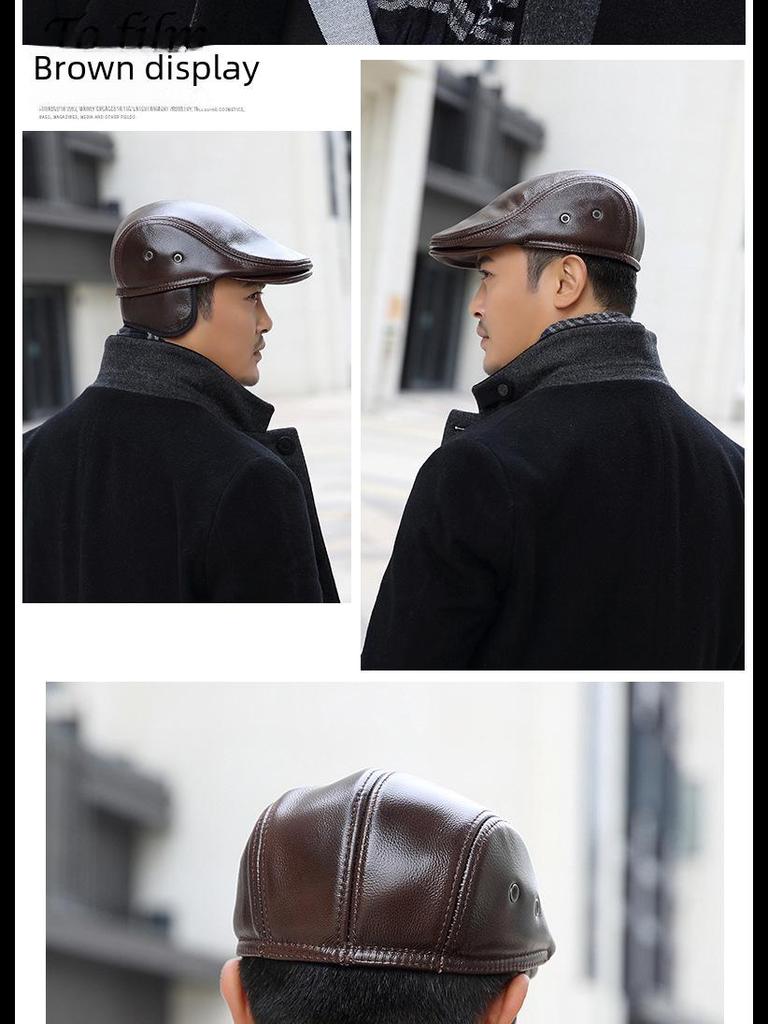 Men's Genuine Leather Duckbill Hat – Stylish, Warm, Thickened Cowhide Beret for Middle-Aged and Elderly (Autumn/Winter)