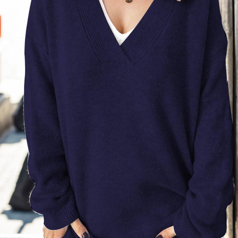 Осенне-зимний женский свитер больших размеров, вязаный топ, пуловер с V-образным вырезом, длинный рукав, однотонный свитер