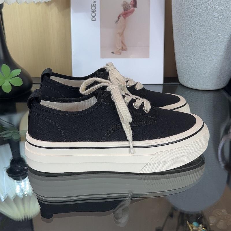 Корейские тонкие парусиновые туфли женские весна-лето 2025 года новые круглые на шнуровке универсальные нескользящие парусиновые туфли на толстой подошве повседневные парусиновые туфли