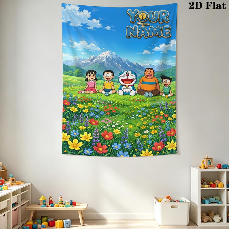 Name Custom Doremon Friends Wall Tapestry Aesthetic Wall Hanging Printed Fabric Blanket Decorative Tapestries for Bedroom Living Room Home Decor