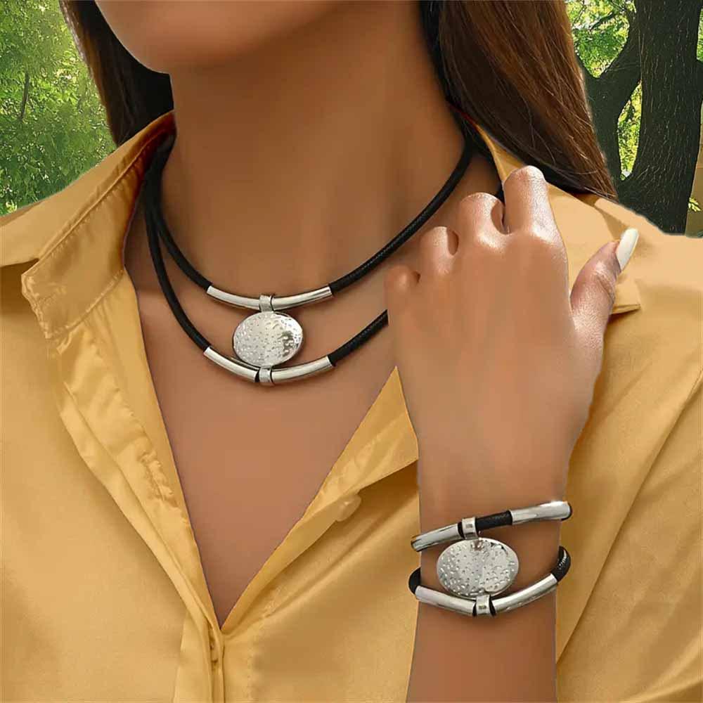 2025 Европейская и американская мода, креативный дизайн, ретро-тренд, двухслойный металлический трубчатый набор ожерелья и браслета