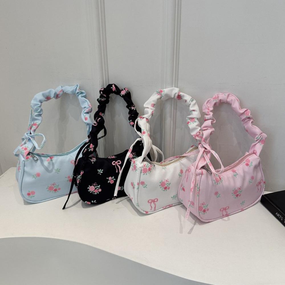 Sweet Nylon Handbag Bowknot Floral Shoulder Bag Korean Style Flower Pleated Underarm Bag Summer