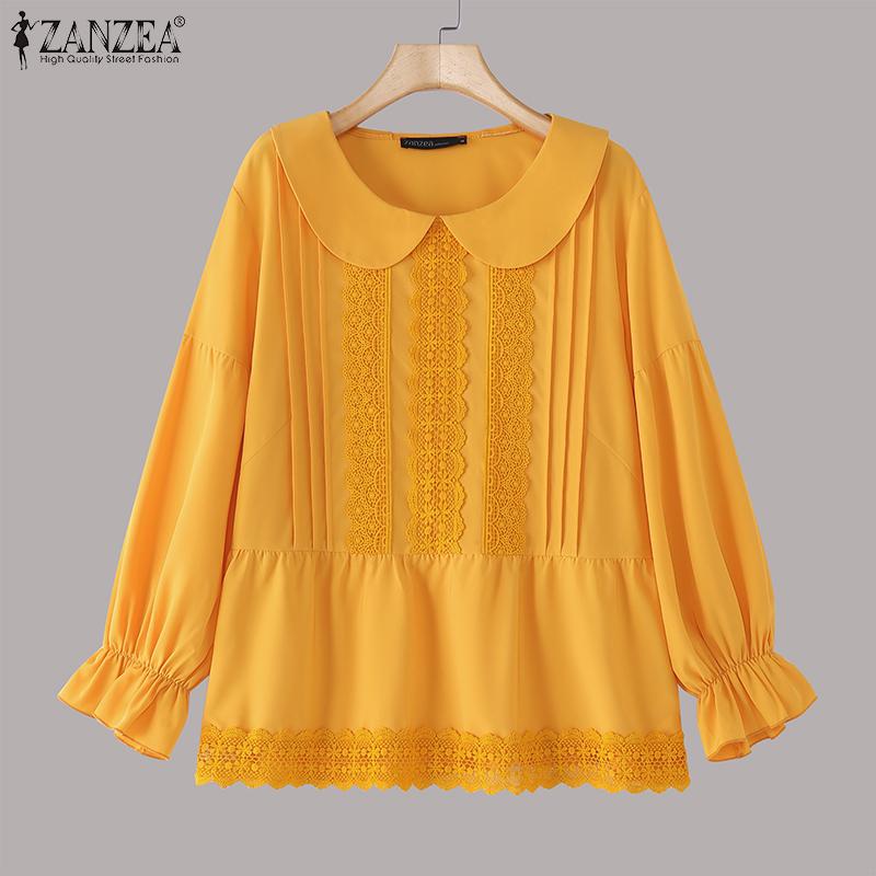ZANZEA Женские повседневные кружевные лацканы с длинным рукавом блузки