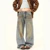 Унисекс Ретро Вываренные Потертые Джинсы Прямого Кроя - Свободная Посадка, Универсальные, Широкие Повседневные Брюки