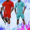 Summer Men Shorts T-shirt Solid Color Casual Lapel Cardigan Sleeved Shorts Set Fashion Loose Suit Shorts 2pcs Set Outfit Shirt