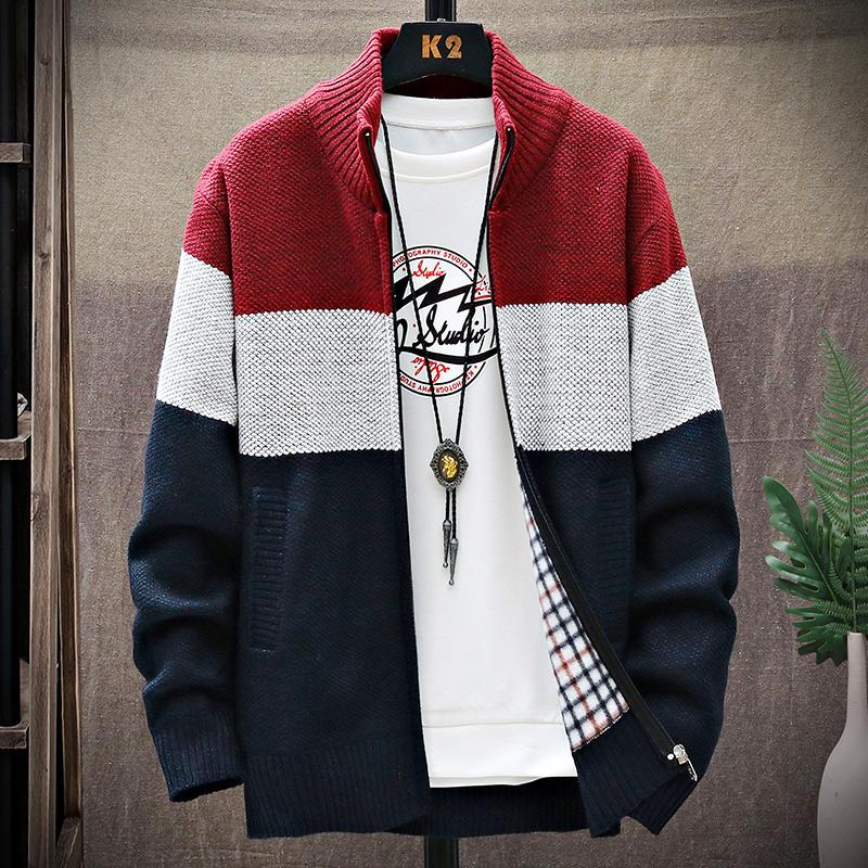 2024 Winter Men Sweater Add Velvet Cardigan Patchwork Color Stand Collar Male Casual Zipper Knitted Thick Warm Sweatercoat