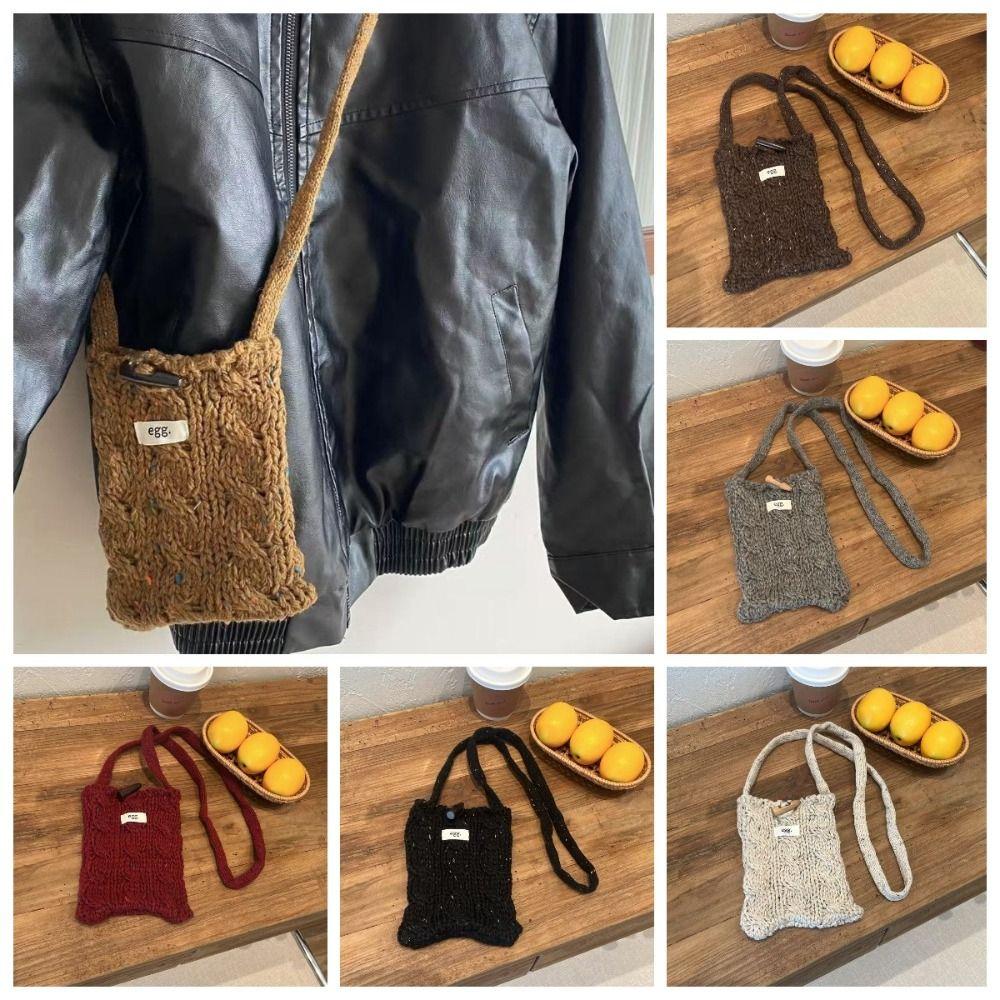 Horn Toggle Button Knitted Cellphone Pouch Simple Crossbody Bag Crochet Shoulder Bag Students