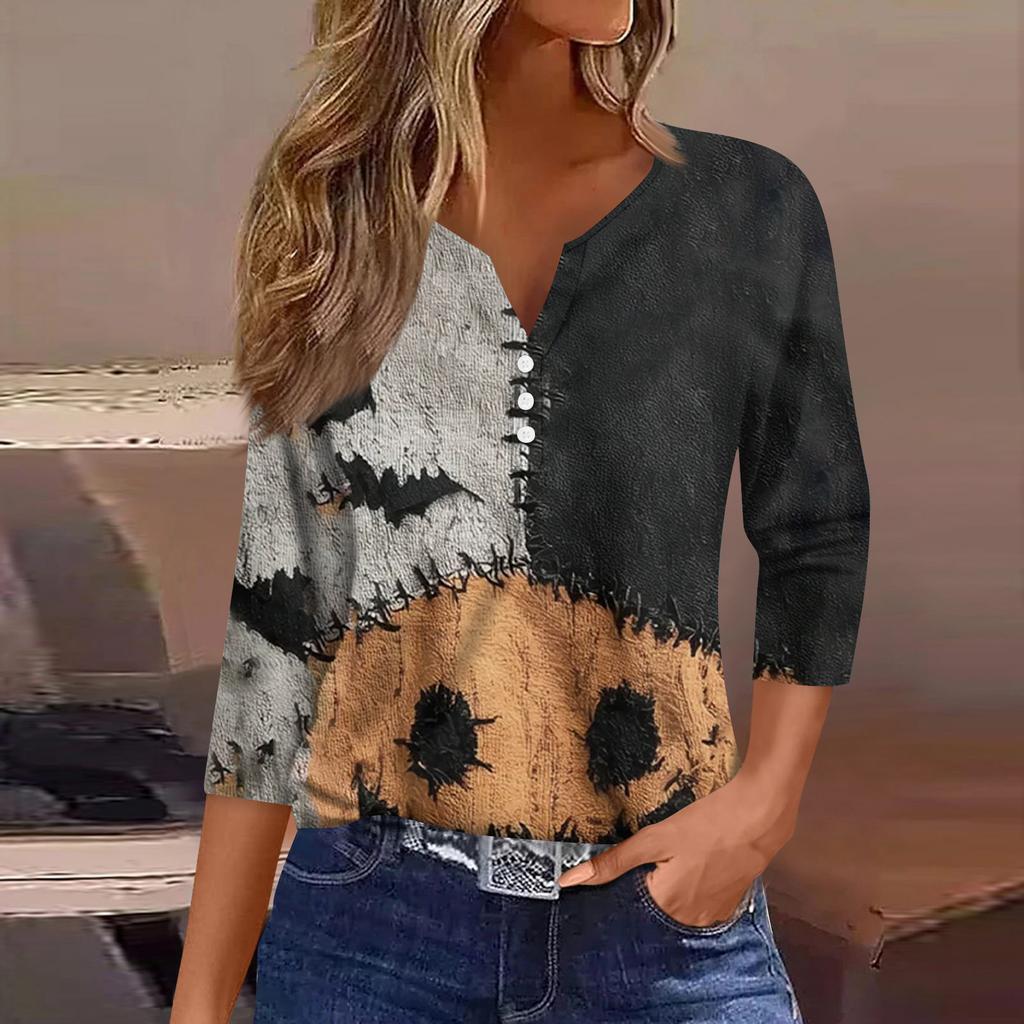 Women's Fashion Button-Up V-Neck Three-Quarter Sleeve Halloween Print Top