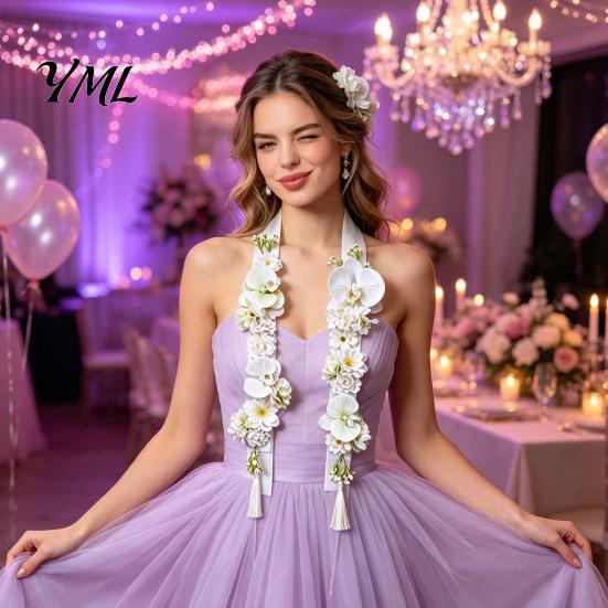 Decorative Floral Stole for Weddings Flower Graduation Leis, Artificial Satin Ribbon Grad Stole, Senior Tropical Gift Box Decoration Leis with Tassel