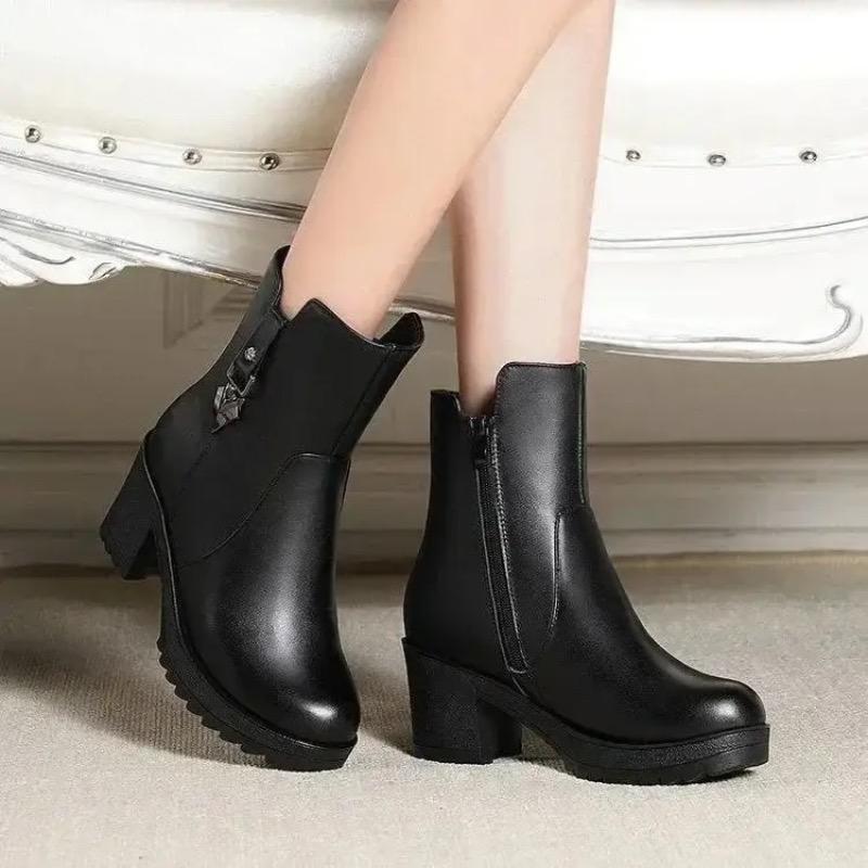 2025Новые Зимние Женские Ботинки Роскошные Повседневные Кожаные Ботинки На Высоком Каблуке Ботильоны для Женщин Плюшевые Теплые Снежные Ботинки Botas Mujer