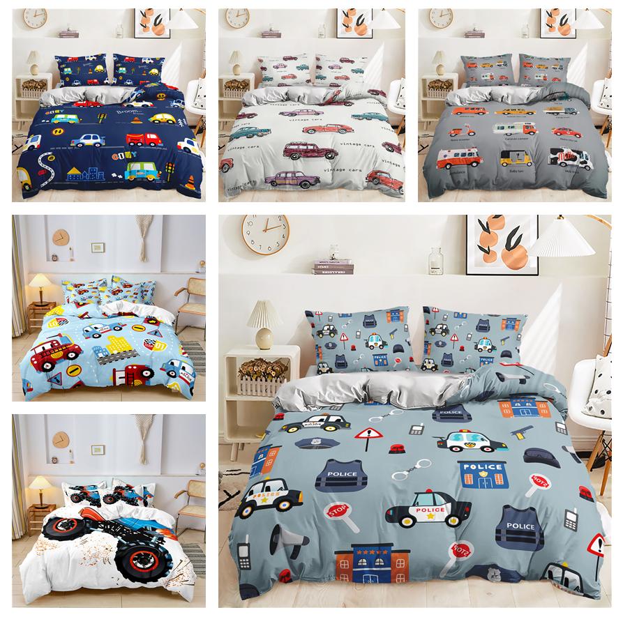 3D игрушечный автомобиль с принтом, комплект постельного белья с мультяшным автомобилем, пододеяльник, наволочка, 2/3 шт., полноразмерный мягкий домашний текстиль, подарок на день рождения для мальчиков и детской комнаты
