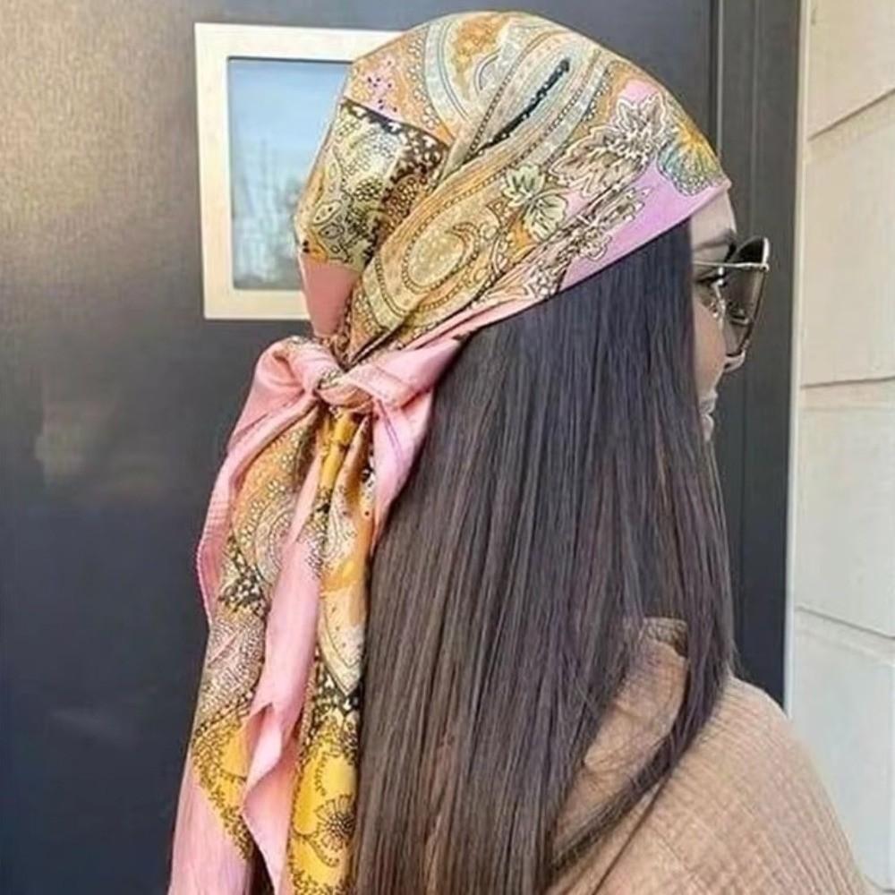 Floral Print Satin Scarf Hijab Soft Head Scarf Elegant Square Silk Scarf Women