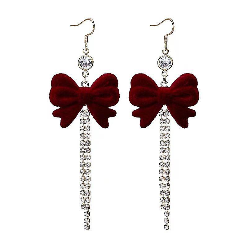 2025 Красные флокированные серьги-бантики: Элегантные украшения для женщин на осень и зиму