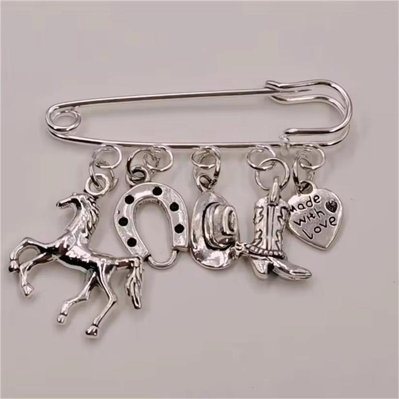 Vintage Silver Color Horse Horseshoe Cowboy Boots Cowboy Hat Pendant Pin Brooch Creative Jewelry Gifts