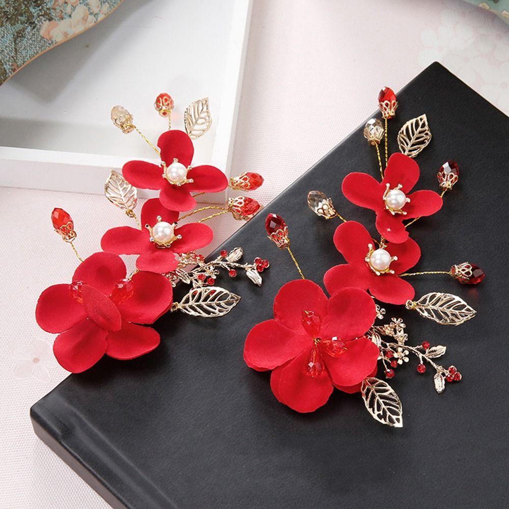 Red Flower Pearl Bride Duckbill Clips Festival Hairpins Chinese Hanfu Hair Clips Women Barrettes