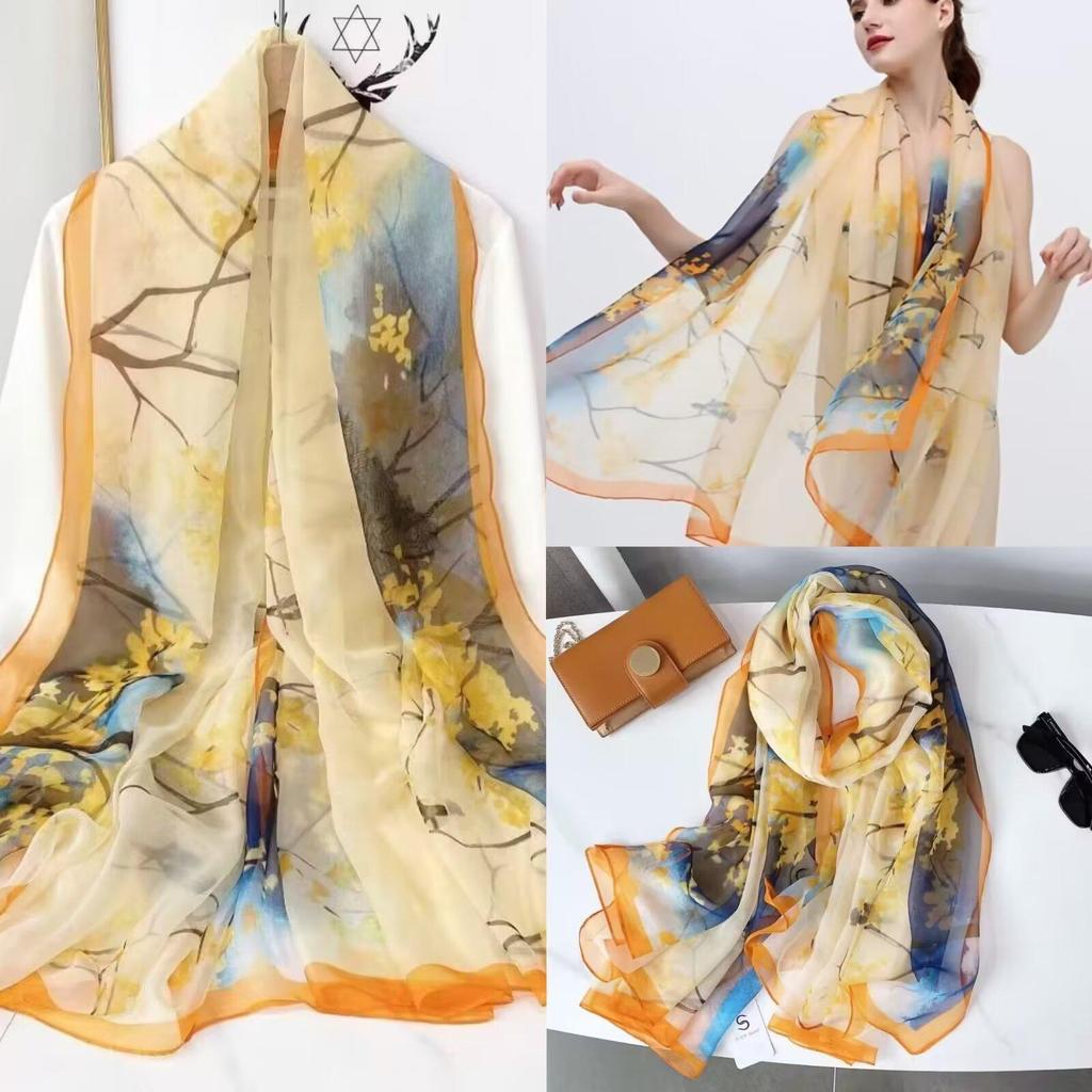 Women's Long Printed Silk Scarf - Ultra-Thin, All-Season, Middle-Aged Mother Style
