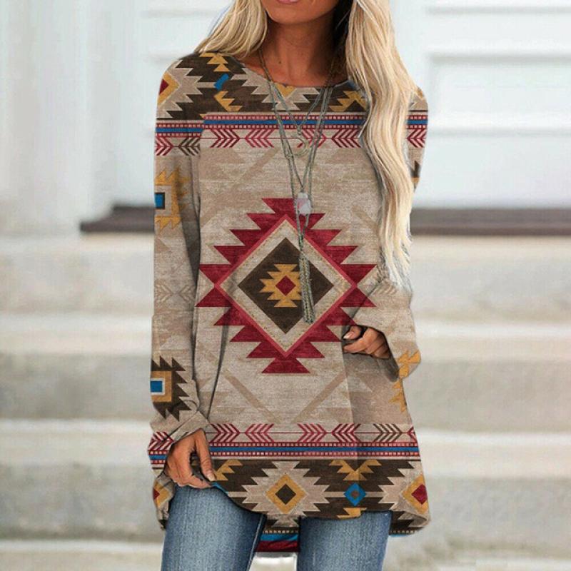 Этническая футболка с 3d принтом, женские модные футболки, повседневные топы с длинными рукавами, осенние свободные винтажные футболки с графическим принтом в стиле Харадзюку