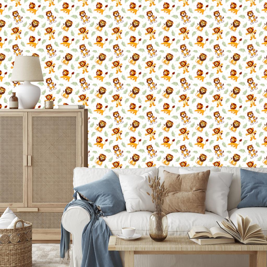 Lions Wallpaper White, Cream and Lime for Living Room and Bedroom 50x1000