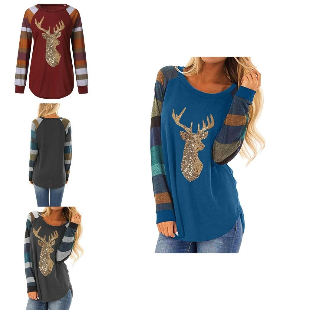 Soft Womens Christmas T-shirt Blouse With Chic Long Sleeves And Reindeer Motif