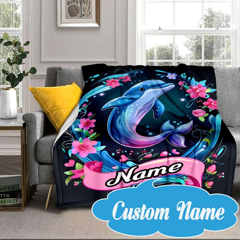 Custom Name Love Dolphins Heart Blanket bed sofa Blanket Flannel Blanket for Camping, Hiking, Picnic Essentials,gift for Fan family
