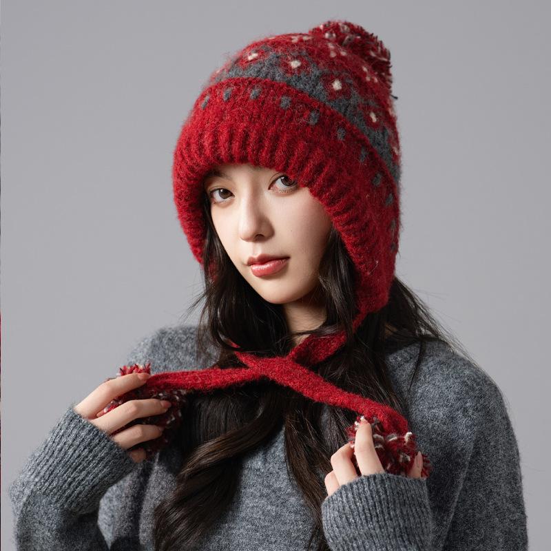 Повязка Красная Шляпа Женская Осень и Зима Ретро Вязаная Шерстяная Шапка Уличная Теплая Лысая Шапка