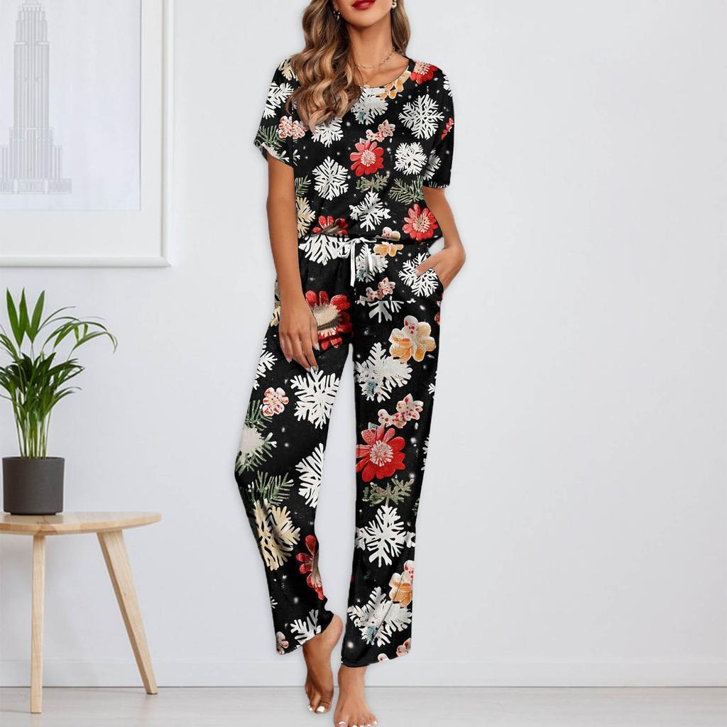 Женский шелковый атласный пижамный комплект с рождественским принтом, рубашка с коротким рукавом и длинные пижамные штаны, мягкая домашняя одежда