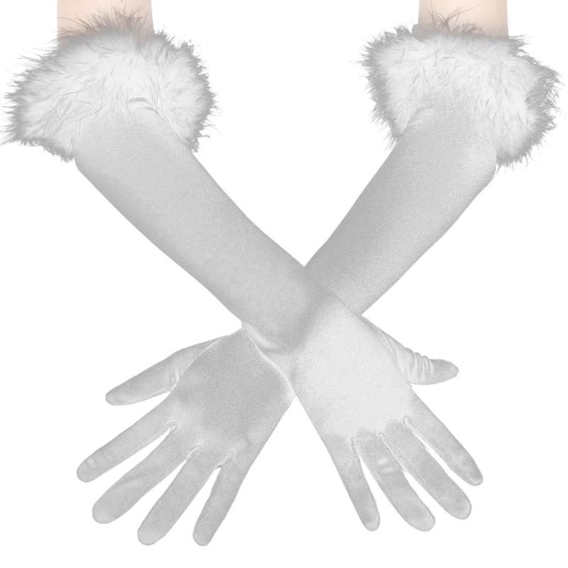 Fluffy Cuff Long Sleeve Gloves Banquet Dress Gloves Solid Color Warm Polyester Elastic Autumn Winter Driving Glove