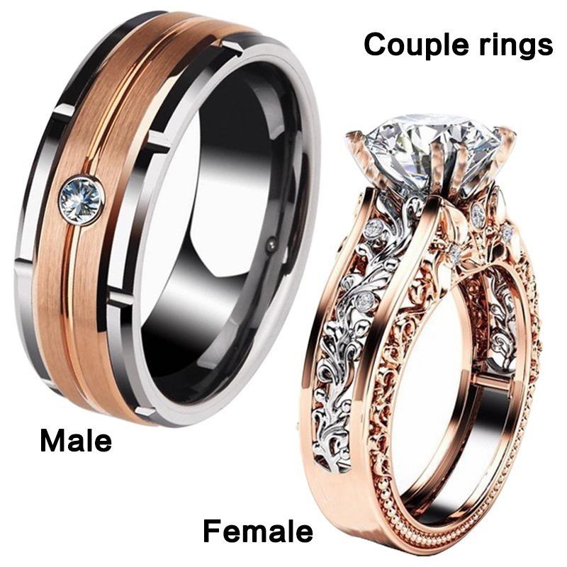 Luxury Rose Gold Hollow Carved Zircon Couple Ring for Engagement and Wedding