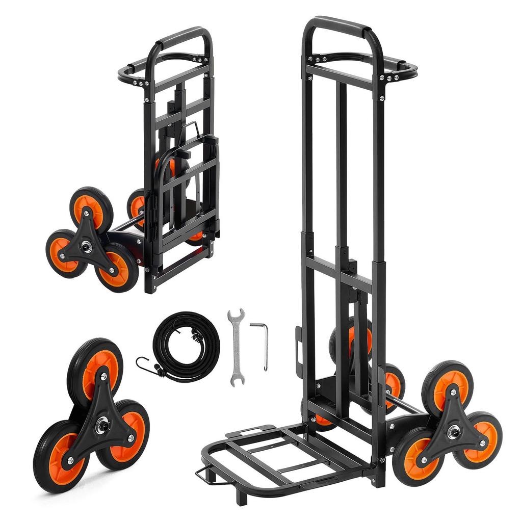 VEVOR Stair Climbing Cart, 100 kg Stair-Climbing Capacity, Heavy-Duty Folding Trolley Cart with Telescoping Handle, 6 Wheels and 2 Bungee Cords