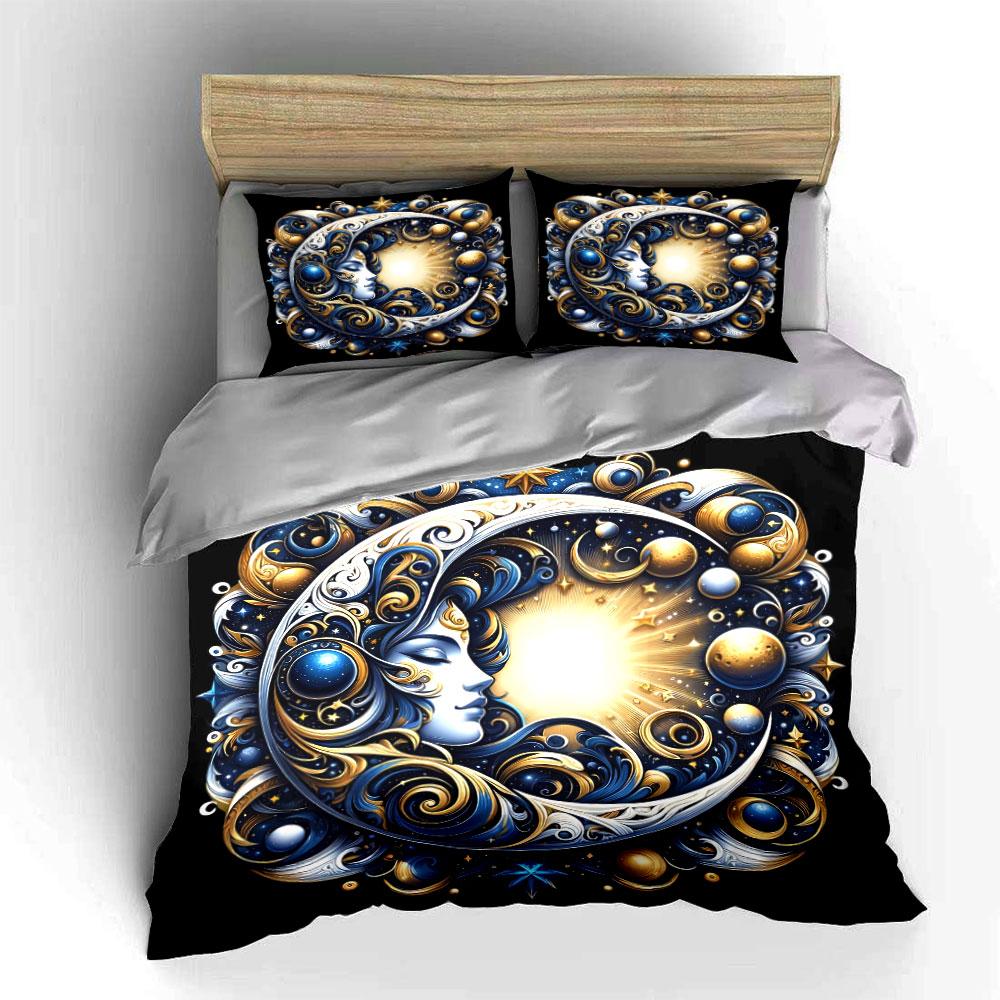 Celestial Moon and Sun Art Set Bedding Set with 1 Duvet Cover 2 Pillowcases Single Double King Queen, Gift