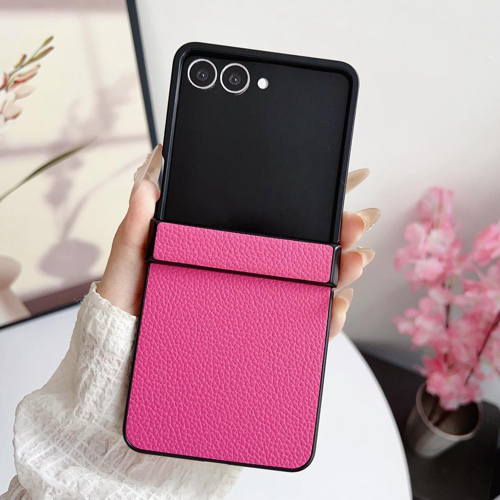 For Samsung Galaxy Z Flip7 5G Case Hinge Protection Litchi Texture Leather + PC Phone Cover