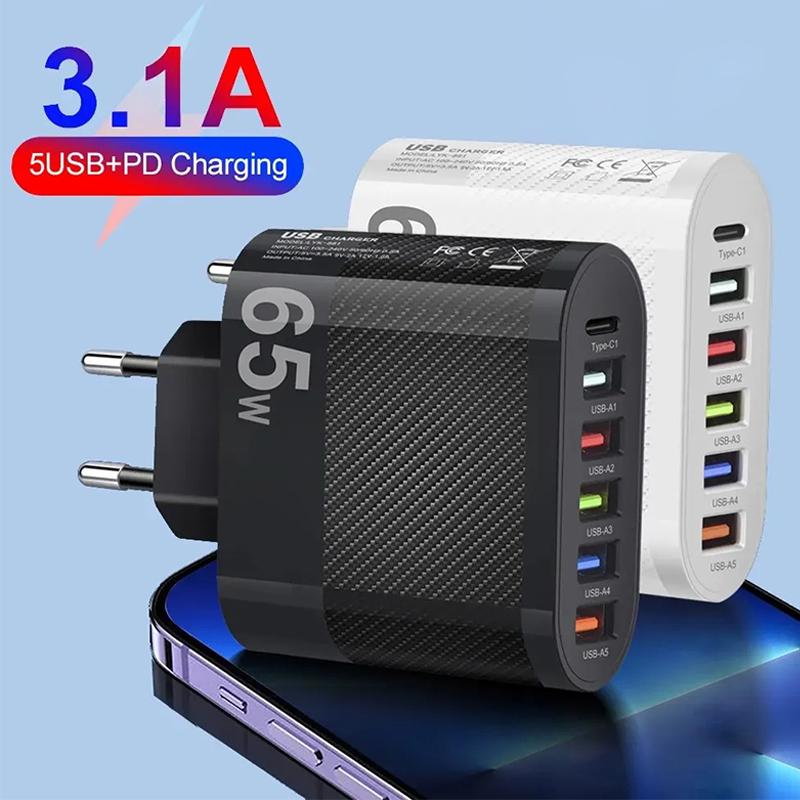 3.1A 5 портов USB Быстрая зарядка PD Type C Адаптер для зарядки для Xiaomi iPhone Samsung Мобильный телефон Вилка для зарядки QC 3.0 Настенное зарядное устройство