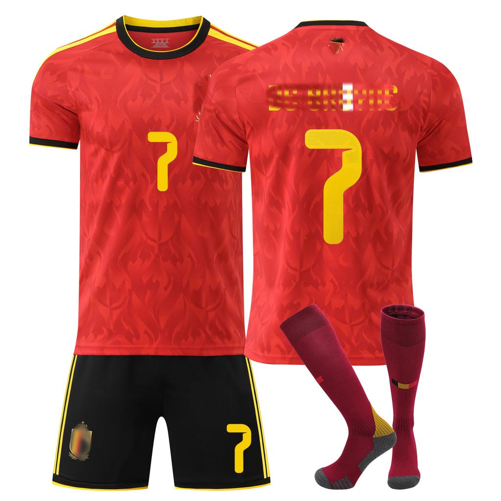 Подростки Дети Взрослые Футбольная форма Спортивный тренировочный комплект с носками Чемпионат мира по футболу FIFA 2026 Бельгия Домашний №7 Де Брёйне