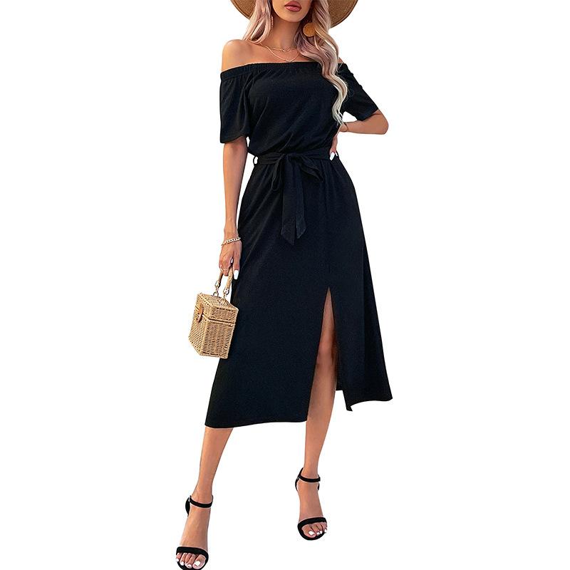 Amazon Independent Station Cross-border Summer New European and American Women's Clothing Off-Shoulder Short Sleeve One-Neck Split Dress