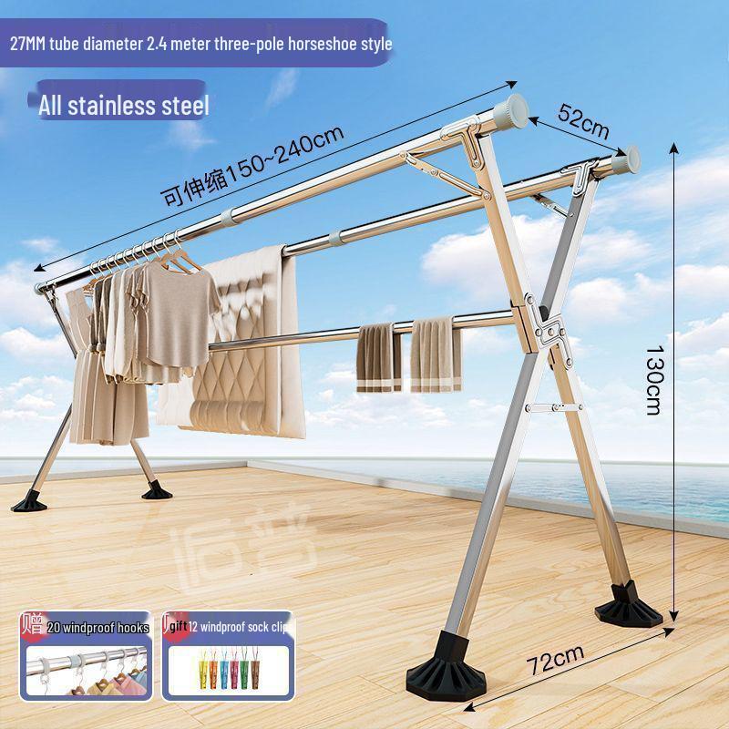 Bold Stainless Steel Folding Clothes Drying Rack - Floor-Standing, Telescopic, Indoor/Outdoor Use, Vertical Hanging Rod.