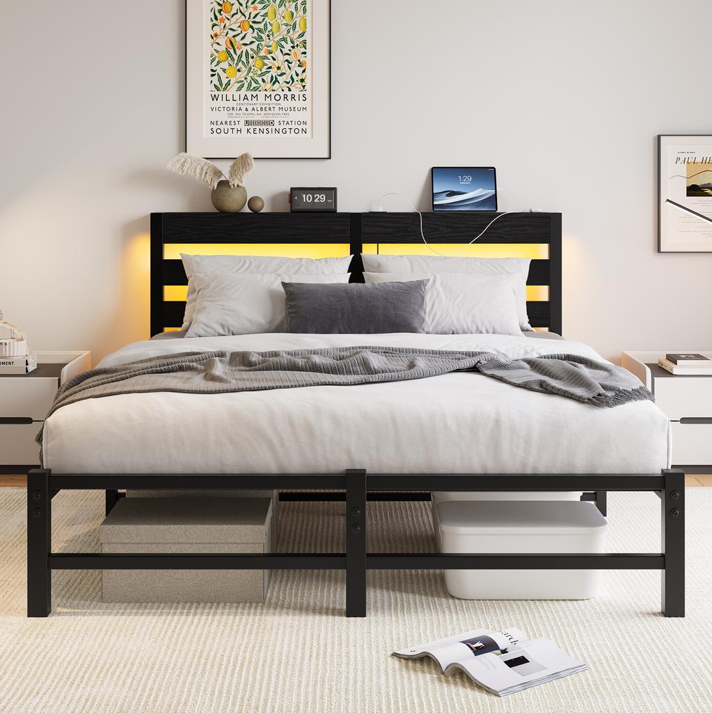 140x190 Bed Frame with LED Lighting and USB Charging Station, Metal Bed Frame without Mattress, with Storage Space under the Bed