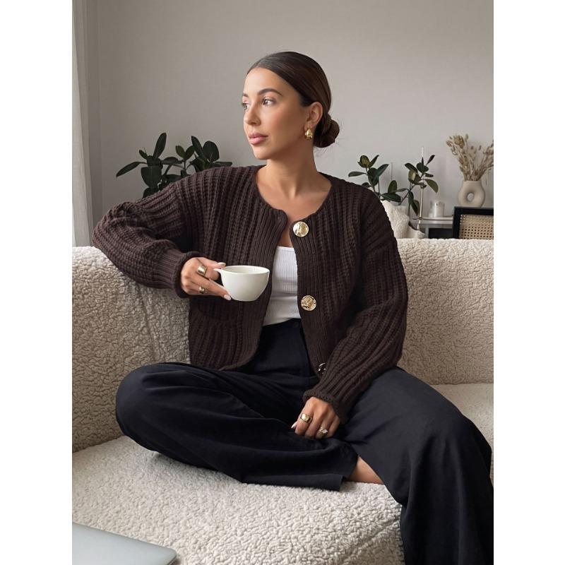 Women S Knitted Cardigan Round Neck Long Sleeve Buttoned Casual Sweater