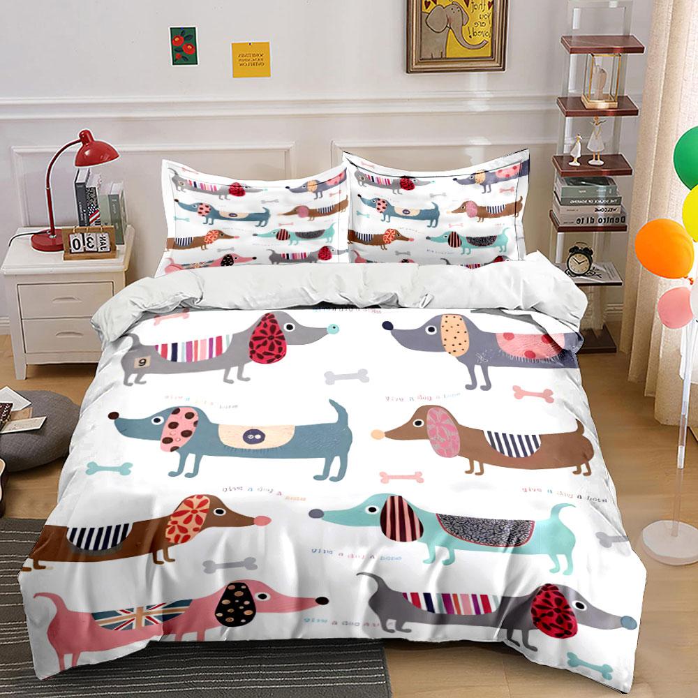 Cute Dachshund Pattern Decorative Set Bedding Set with 1 Duvet Cover 2 Pillowcases Single Double King Queen, Gift