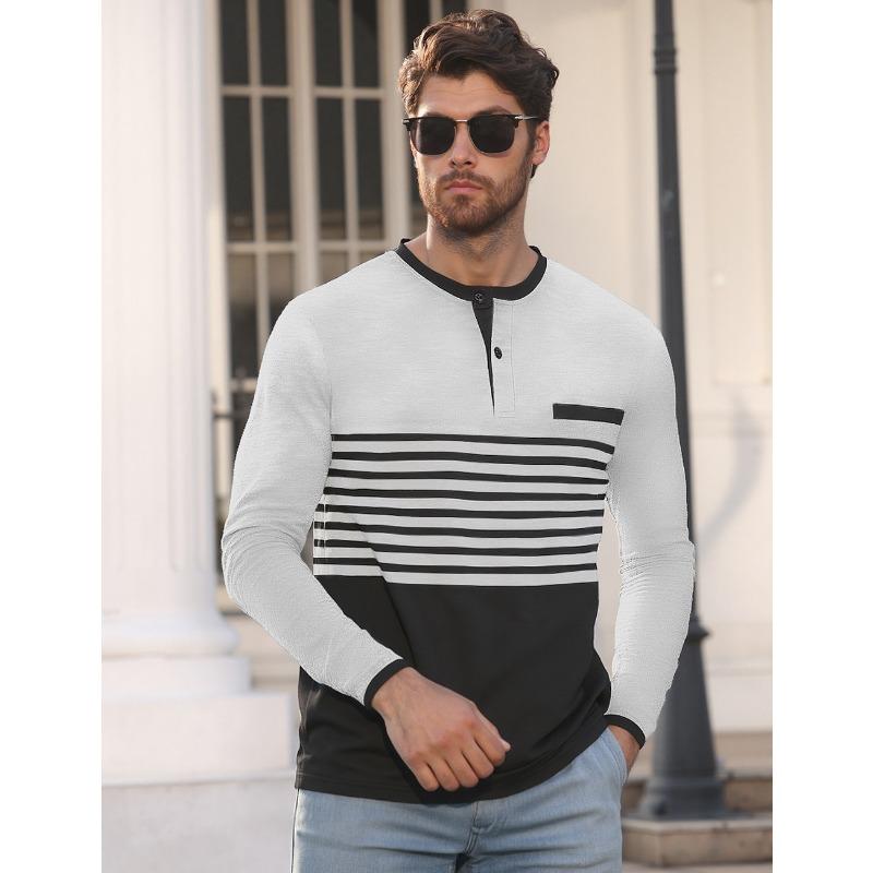 Men's Summer New Long Sleeve V Neck Color Block Striped T Shirt, Slim Fit Business Casual Tee for Men