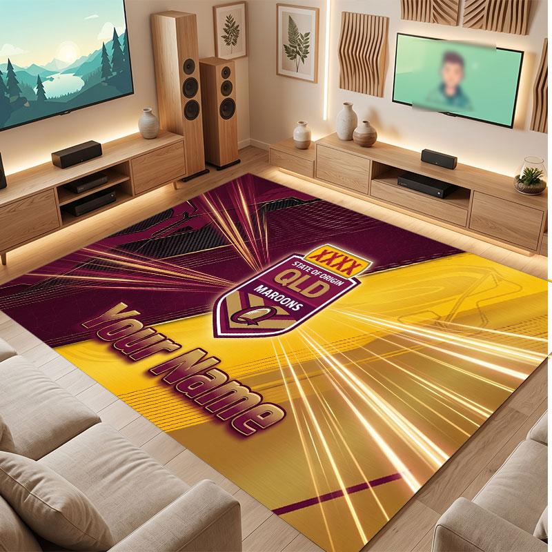 Queensland Maroons Personalized Crystal Velvet Carpet, Customized Name Text Soft Anti‑Slip Rug for Living Room Bedroom