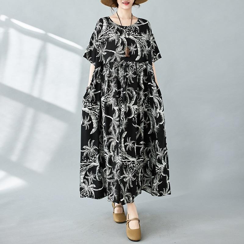 Новые платья из хлопка с короткими рукавами больших размеров и цветочным принтом для женщин, повседневные свободные длинные летние платья